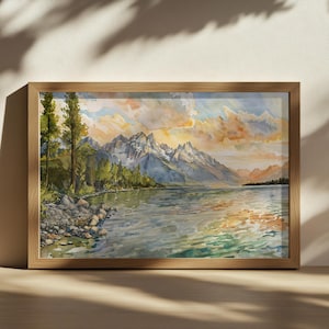 Jenny See Sonnenuntergang Gemälde, Wandkunst Grand Teton National Park, Wyoming Sommer Spiegelung Kunstwerk, Bergwald Natur Landschaft Druck