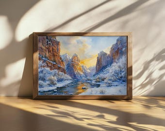 Printable The Narrows Sunset Painting, Zion National Park Wall Art, Utah Winter Snow Artwork, Red Rock Mountain Art, Virgin River Canyon Art