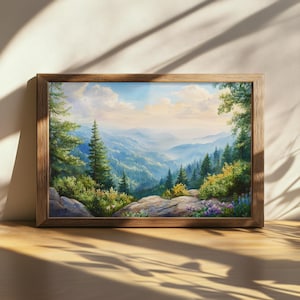 Peinture imprimable Sequoia National Park, art mural forêt de séquoias de Californie, belle toile ciel nuageux, oeuvre de fleurs sauvages au sommet de la montagne