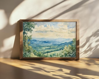 Pintura imprimible del Parque Nacional Shenandoah, arte mural de las Montañas Blue Ridge, arte de los Apalaches de Virginia, paisaje natural de bosque de verano