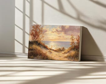 Toile de coucher de soleil sur le lac Michigan, art mural des Grands Lacs d'Amérique du Nord, oeuvre d'art feuillage automne automne du Michigan, peinture de paysage Nature forêt