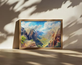 Angels Landing Painting, Zion National Park Wall Art, Utah Red Rock Mountain Summer Artwork, Desert Sandstone Valley Nature Landscape Print