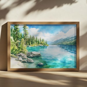 Lake Tahoe Painting, Turquoise Water Reflection Wall Art, California Summer Nature Artwork, Sierra Nevada Mountain Forest Print Landscape
