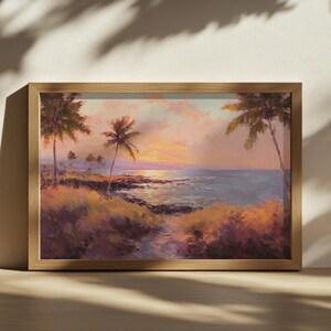 Big Island Sunrise Painting, Kailua Kona Coastal Ocean Wall Art, Hawaii Tropical Summer Artwork, Hawaiian Rocky Shore Nature Landscape Print