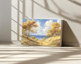 Toile du lac Michigan, art mural des Grands Lacs d'Amérique du Nord, oeuvre d'art du feuillage d'automne du Michigan, peinture d'art paysage nature forêt