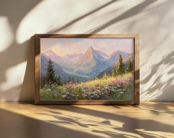 Cuadro imprimible del Parque Nacional de los Glaciares, arte mural de las Montañas Rocosas, arte de flores silvestres de primavera en Montana, impresión de la naturaleza al amanecer en el bosque de las Rocosas