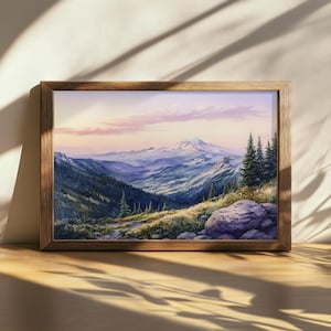 Peinture imprimable du lever du soleil du parc national du mont Rainier, art mural nature sauvage de Washington, belle toile de ciel nuageux, oeuvre de la forêt de montagne