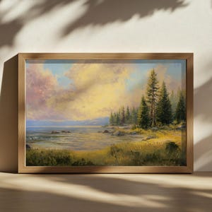 Lake Tahoe Sunrise Painting, Sand Harbor State Park Wall Art, California Summer Mountain Forest Artwork, Grassy Shore Water Landscape Print