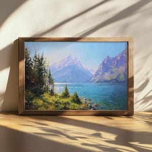 Druckbare Jenny Lake Gemälde, Grand Teton National Park Wandbild, Wyoming Sommer Teton Kette Kunstwerk, Bergwald am See Naturdruck