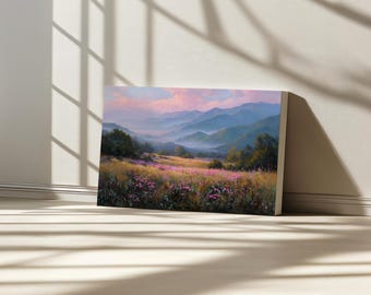 Great Smoky Mountains National Park Canvas, North Carolina Blue Ridge Sunrise Wall Art, Tennessee Appalachian Spring Wildflower Painting