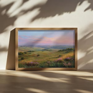 Dipinto del tramonto sulle colline di Flint, opera d'arte murale della Tallgrass Prairie National Preserve, opera d'arte con fiori selvatici primaverili del Kansas, stampa di paesaggi di praterie del Midwest