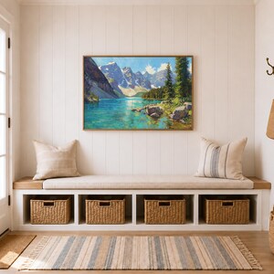 Dipinto del lago Moraine, opera d'arte murale del Parco nazionale di Banff, opera d'arte estiva sulle montagne rocciose canadesi, stampa di paesaggi naturali con acque turchesi del Canada immagine 9