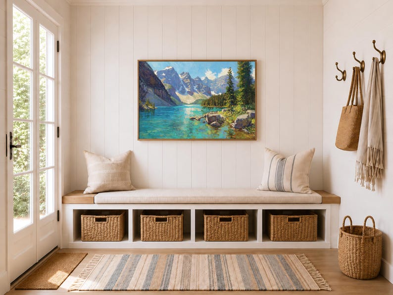Dipinto del lago Moraine, opera d'arte murale del Parco nazionale di Banff, opera d'arte estiva sulle montagne rocciose canadesi, stampa di paesaggi naturali con acque turchesi del Canada immagine 9