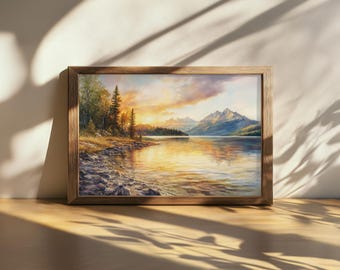 Cuadro imprimible del Parque Nacional Glaciar, arte mural del atardecer en el lago McDonald, obra de arte de la naturaleza veraniega de Montana, arte de reflejo de agua en un bosque de montaña