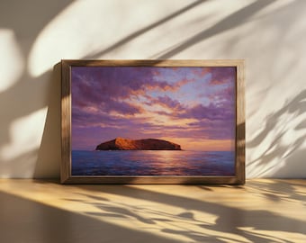 Printable Molokini Crater Painting, Maui Pacific Ocean Seascape Wall Art, Hawaiian Tropical Island Sunset, Hawaii Winter Coastal Nature Art