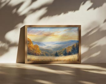 Great Smoky Mountains National Park Painting, Blue Ridge Range Wall Art, North Carolina Autumn Sunset, Tennessee Forest Fall Foliage Print
