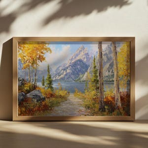 Jenny Lake Painting, Grand Teton National Park Wall Art, Wyoming Autumn Fall Foliage Artwork, Mountain Range Forest Nature Landscape Print