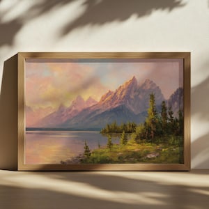 Jenny Lake Gemälde, Grand Teton National Park Wandkunst, Wyoming Sommer Sonnenuntergang Spiegelung Kunst, Gebirge Wald Natur Landschaft Druck