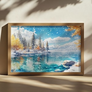 Lake Tahoe Painting, Turquoise Clear Water Reflection Wall Art, California Winter Snow Artwork, Sierra Nevada Mountain Forest Landscape Art