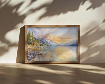 Glacier National Park Painting, Lake McDonald Wall Art, Montana Summer Mountain Sunrise Artwork, Lakeside Forest Nature Landscape Print