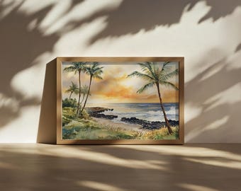Big Island Painting, Hawaii Blue Ocean Wall Art, Volcanic Rock Summer Sandy Beach Artwork, Hawaiian Island Palm Tree Sunset Landscape Print