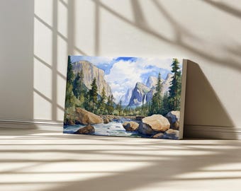 Yosemite National Park Canvas, El Capitan Half Dome Waterfall Wall Art, California Summer Mountain Print, Forest River Landscape Painting