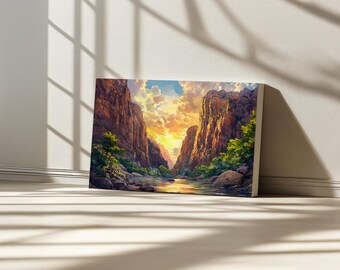 The Narrows Canvas, Zion National Park Wall Art, Utah Red Rock Mountain Summer Art Print, Virgin River Canyon Sunset Landscape Painting