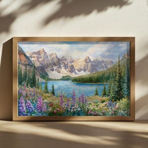 Moraine Lake Painting, Banff National Park Wall Art, Canada Spring Wildflower Art, Snow Mountain Artwork, Forest Nature Landscape Print