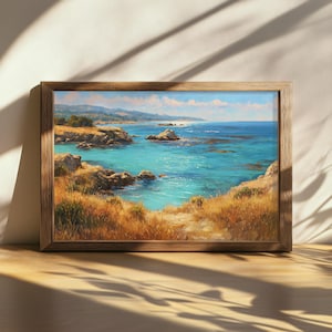 Afdrukbaar schilderij Point Lobos, Californië klaprozen natuur kunst aan de muur, Monterey Peninsula Bay Artwork, Stille Oceaan kust zomer zeegezicht kunst
