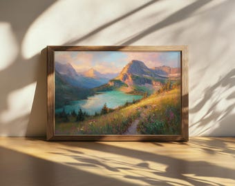 Cuadro imprimible del lago Grinnell, arte mural del Parque Nacional de los Glaciares, arte de flores silvestres al amanecer en Montana, impresión de la naturaleza del bosque de las Montañas Rocosas