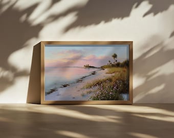 Florida Keys Painting, Key West Spring Wildflower Wall Art, Atlantic Ocean Tropical Island Sunrise Artwork, Beach Palm Tree Nature Landscape