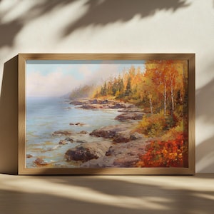 Lake Superior Painting, Great Lakes of North American Wall Art, Minnesota Autumn Fall Foliage Artwork, Forest Shore Nature Landscape Print