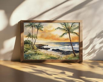 Printable Big Island Painting, Hawaii Blue Ocean Wall Art, Volcanic Rock Summer Sandy Beach Artwork, Hawaiian Island Palm Tree Sunset Print