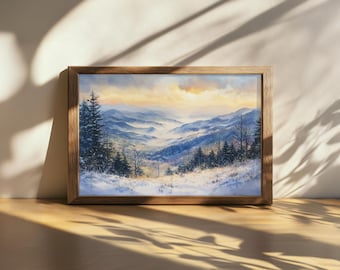 Printable Great Smoky Mountains National Park Painting, Blue Ridge Range Wall Art, North Carolina Winter Snow Sunset, Snowy Tennessee Forest