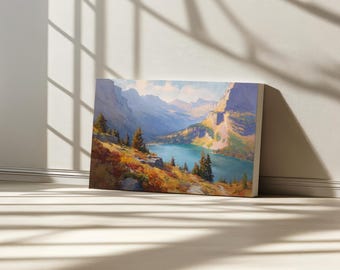 Grinnell Lake Canvas, Glacier National Park Wall Art, Montana Rockies Autumn Fall Foliage, Rocky Mountain Forest Nature Landscape Painting