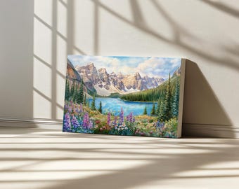 Moraine Lake Canvas, Banff National Park Wall Art, Canada Spring Wildflower, Snow Rockies Mountain Artwork, Forest Nature Landscape Painting
