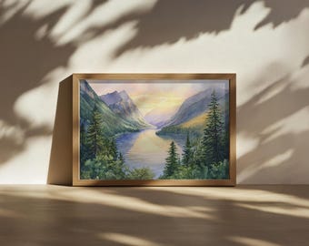 Glacier National Park Painting, Avalanche Lake Wall Art, Montana Summer Sunset Artwork, Mountain Forest Reflection Nature Landscape Print