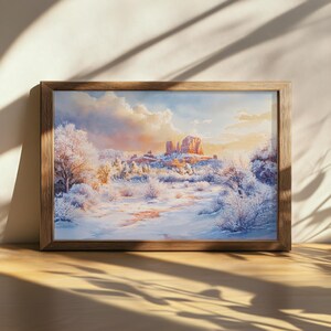 Pintura imprimible del atardecer en la roca de la catedral de Sedona, arte mural del parque estatal Red Rock, hermoso lienzo de nubes, obra de arte de la nieve en las montañas del desierto de Arizona