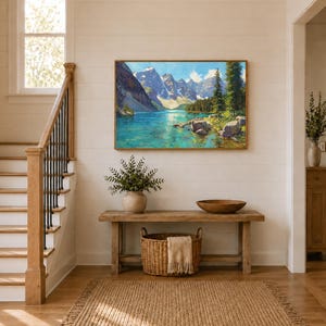 Dipinto del lago Moraine, opera d'arte murale del Parco nazionale di Banff, opera d'arte estiva sulle montagne rocciose canadesi, stampa di paesaggi naturali con acque turchesi del Canada immagine 6