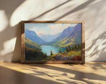 Cuadro imprimible del Parque Nacional de los Glaciares, arte mural de las Montañas Rocosas, obra de arte de un lago de verano en Montana, impresión de la naturaleza del bosque alpino de las Montañas Rocosas