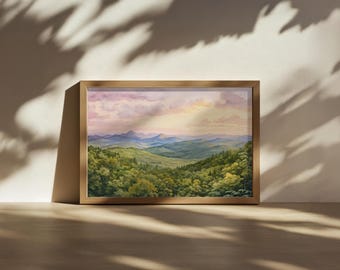 Adirondack Mountains Sunrise Painting, Adirondack High Peaks Wall Art, New York Summer Pink Sky Artwork, Forest Nature Landscape Art Print