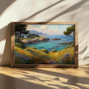 Afdrukbaar schilderij Point Lobos, natuurmuurkunst kust Californië, Monterey Peninsula Bay Poppies Artwork, Stille Oceaan lente wilde bloemen