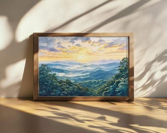 Cuadro imprimible del Parque Nacional Shenandoah, arte mural de las Montañas Blue Ridge, obra de arte del atardecer de verano en Virginia, impresión del bosque de las Tierras Altas de los Apalaches