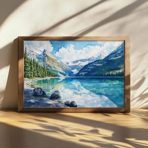 Pintura imprimible del lago Louise, arte mural del Parque Nacional Banff, obra de arte de montaña de verano en Canadá, arte de agua turquesa, paisaje forestal