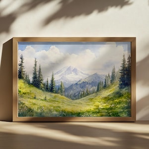 Mount Rainier National Park Painting, Pacific Northwest Wall Art, Washington Summer Hiking Artwork, Mountain Forest Nature Landscape Print