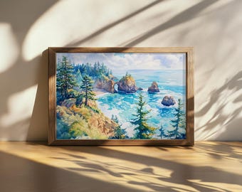 Printable Thunder Rock Cove Painting, Pacific Northwest Ocean Wall Art, Oregon Summer Coastal Artwork, Coastline Seascape Nature Landscape