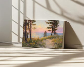 Lake Michigan Canvas, Great Lakes of North American Wall Art, Michigan Spring Wildflower Artwork, Forest Sunrise Nature Landscape Painting