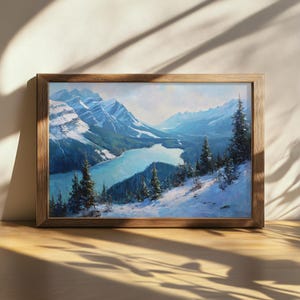 Peinture imprimable du lac Peyto, art mural du parc national Banff, art de la randonnée dans la neige en hiver Canada, impression de la nature de la forêt des montagnes Rocheuses canadiennes
