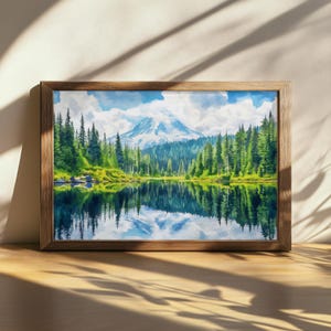 Peinture imprimable du parc national du Mont Rainier, art mural Reflection Lakes, oeuvre d&#39;art de la nature de l&#39;été de Washington, impression d&#39;art de forêt de montagne de neige
