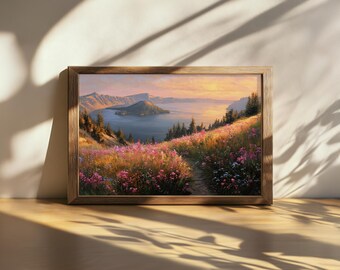 Printable Crater Lake National Park Painting, Wizard Island Nature Wall Art, Oregon Spring Wildflower Artwork, Pacific Northwest Sunset Art